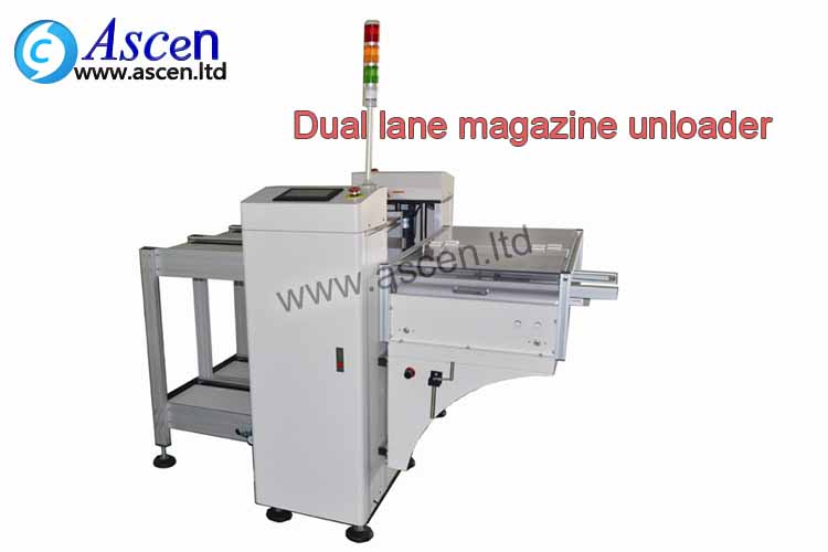 dual magazine SMT unloader is used at the starting of the PCB production line for unloading of PCBA 
