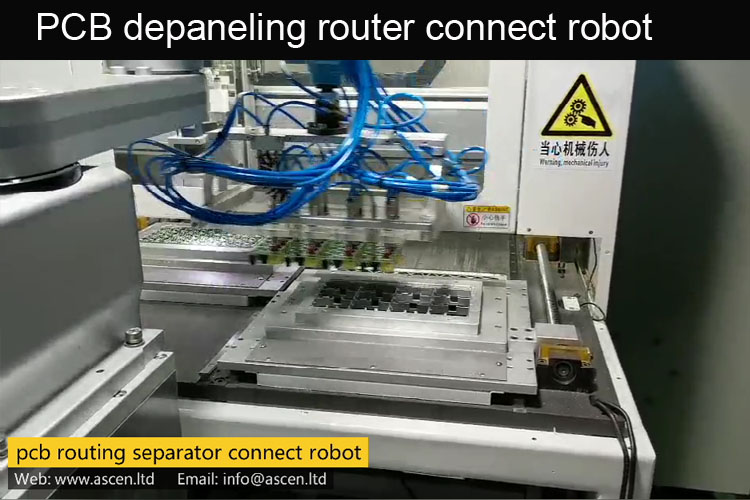 PCB depaneling router machine connect to robot for automatic pick and place PCBs